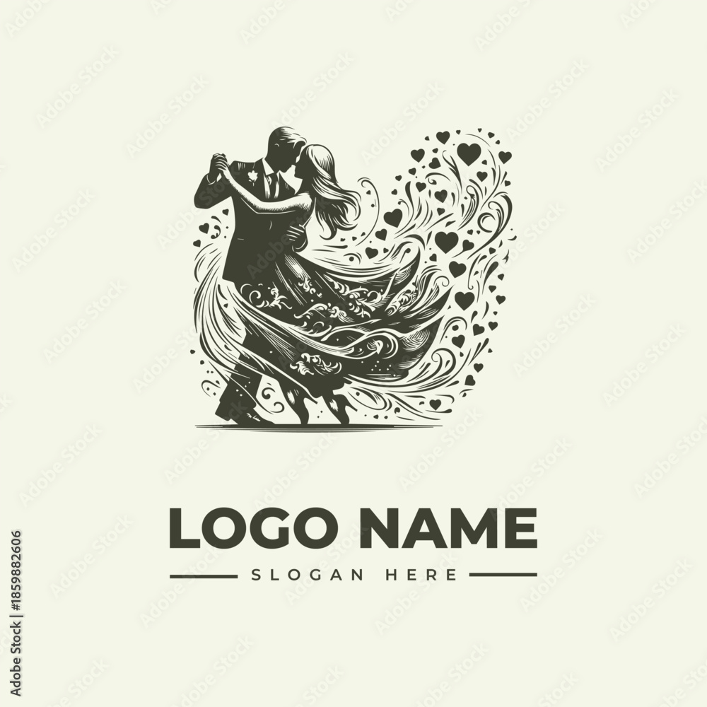 Fototapeta premium A logo design featuring a dancing couple in a romantic illustration with hearts and swirling patterns on a beige background.