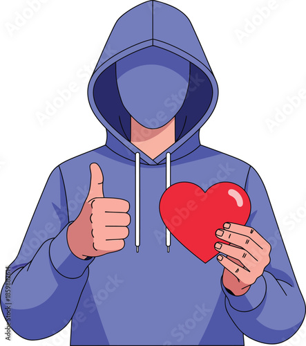 A faceless anime character in a blue hoodie holding a red heart and giving a thumbs up.