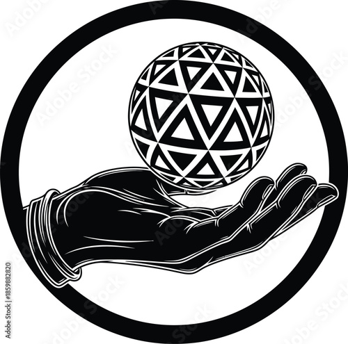 A graphic illustration of a gloved hand gently holding a floating geodesic sphere with a triangle pattern.
