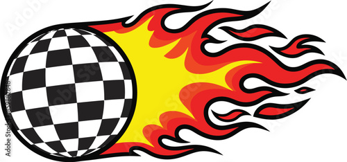 A graphic checkered sphere with stylized red and yellow hot rod flames suggesting speed and racing.