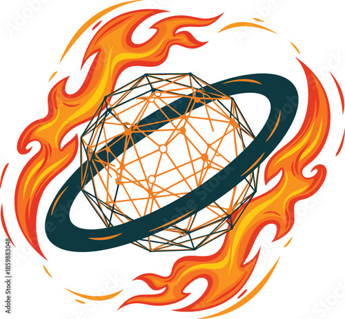 A stylized wireframe geodesic sphere with an orbital ring engulfed in swirling orange and red flames.