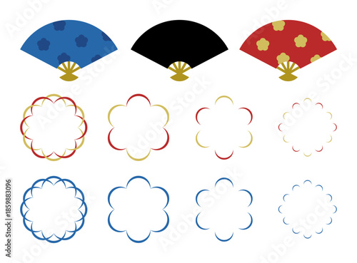 和風の扇子アイコンと花模様フレーム・飾り枠の豪華セット。梅や幾何学模様をイメージしたミニマルなラインアート。年賀状、お正月、和菓子パッケージ、日本文化のデザインに最適なベクター素材。