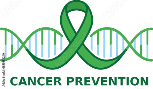 Cancer Prevention Awareness Ribbon with DNA Strand Illustration