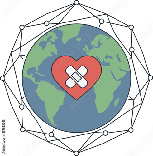 Global Heart with Connected Network and Medical Cross Symbol