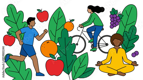 Children Playing and Biking Among Large Colorful Fruits and Green Foliage