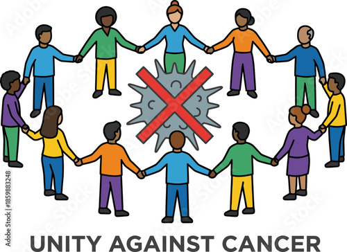 Diverse People Holding Hands in Unity Against Cancer Symbol