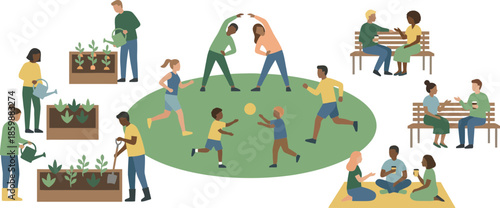 Community Garden with People Gardening and Socializing Outdoors