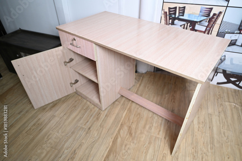Table-computer table-office table-drawer-keyboard tray-wooden table-modular-new design-shelf-front view-pink