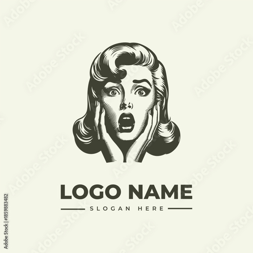 A grayscale illustration of a shocked woman's head with her hands on her face, accompanied by a logo name and slogan on a plain background, in a stylized vector graphic design.