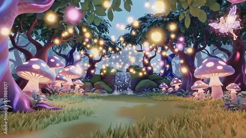 Enchanted 3D Cartoon Forest Scene with Glowing Mushrooms and Magical Fairy Lights Path
