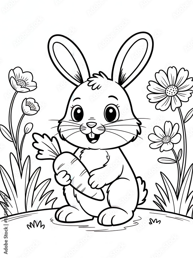 Fototapeta premium Coloring Book Page for Children: Playful Cartoon Rabbit with Carrot and Flowers in a Blooming Field - Whimsical Hand-Drawn Art for Easter Fun