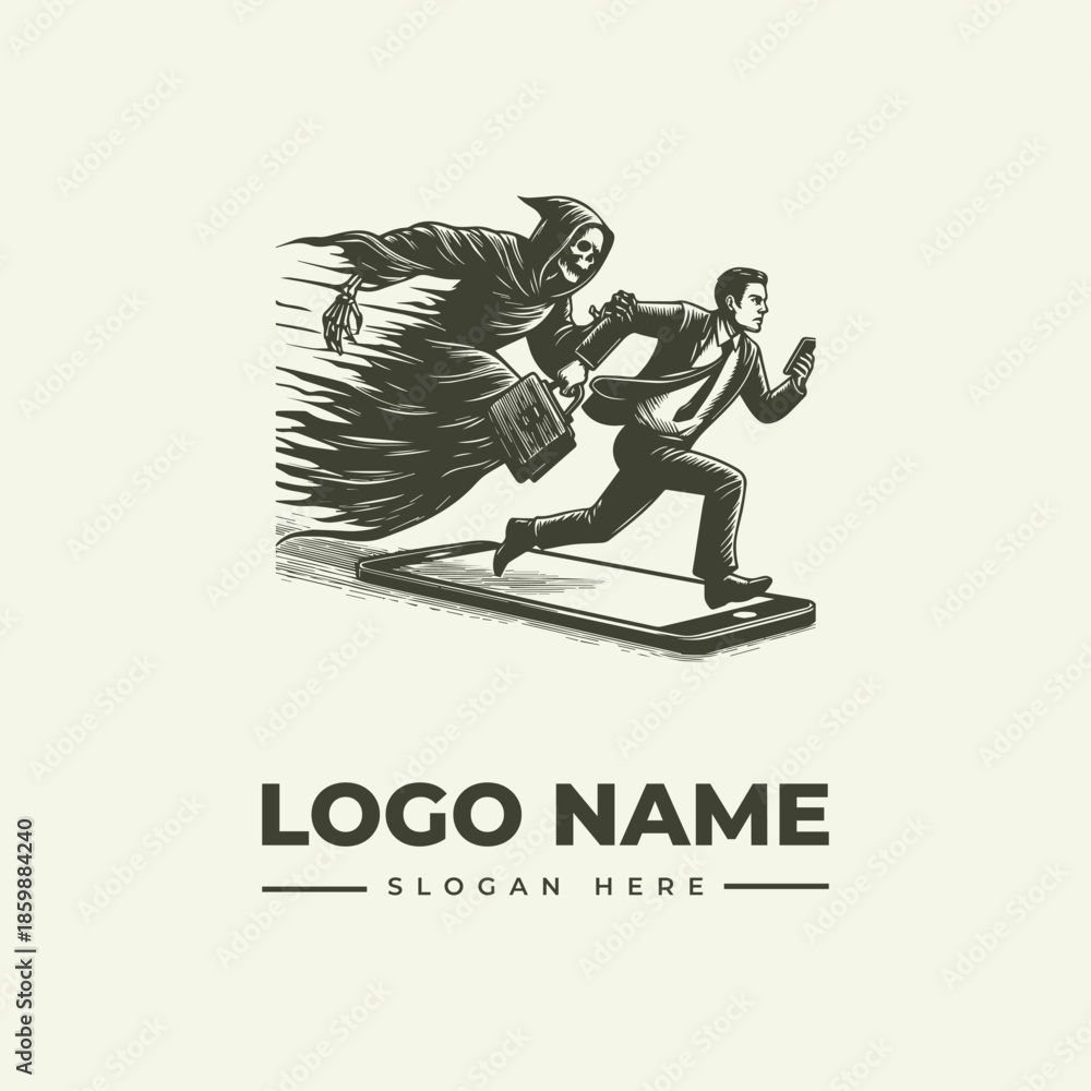 Obraz premium A grayscale illustration of a grim reaper chasing a businessman on a smartphone with a dynamic composition and ominous mood against a clean white background.