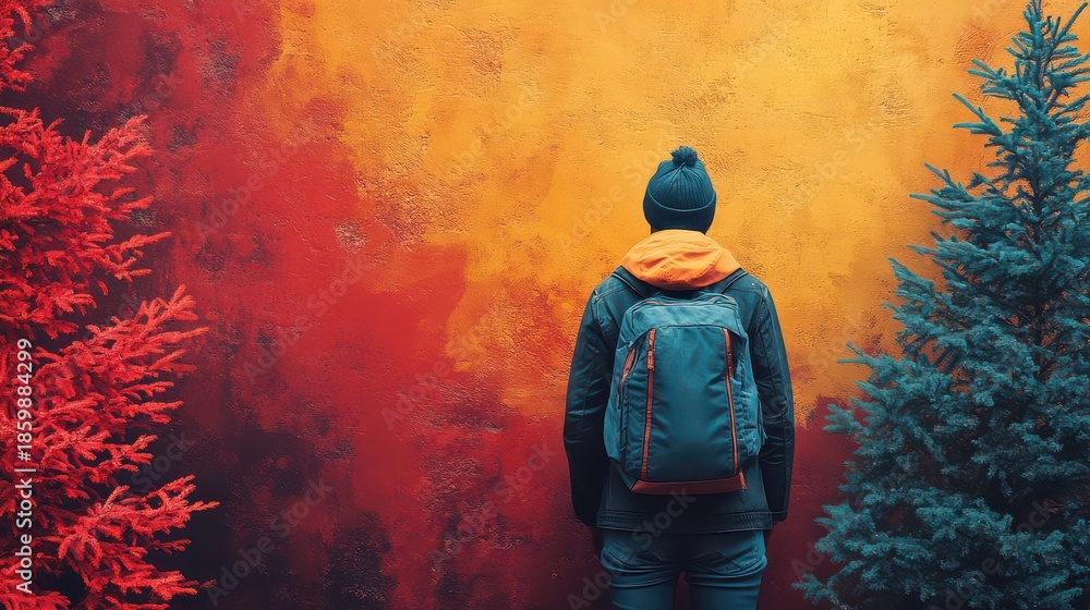 Fototapeta premium Person with backpack facing vibrant wall, red and blue trees.