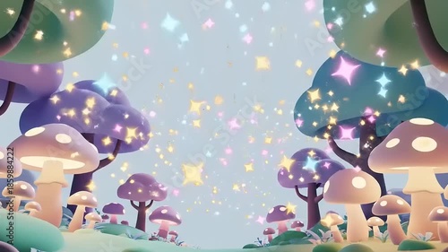 Magical 3D Cartoon Forest with Sparkling Mushrooms and Fairies