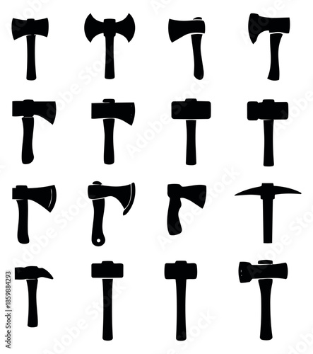 Silhouette tool icons set featuring various axes, hatchets, hammers, and a pickaxe for construction and repair projects