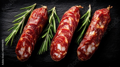 Three pieces of cured meat are sliced and placed on a dark stone background. Fresh rosemary sprigs are arranged beside the meat. The scene captures food preparation with hints of flavor.