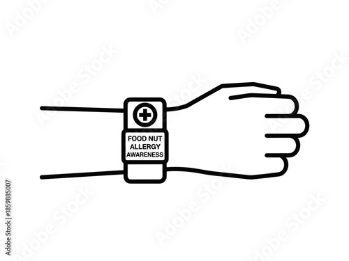 Human arm wearing a medical alert bracelet for food allergy awareness and emergency safety concept