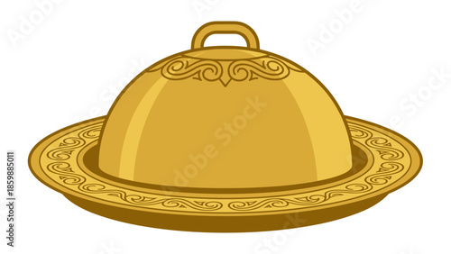 Ornate golden serving cloche with a dome lid on a tray for luxury dining service and gourmet food presentation concept