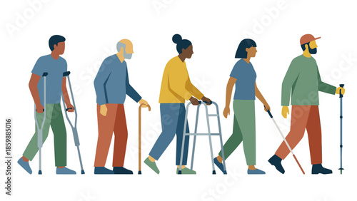 Diverse group of elderly people walking with canes and walkers demonstrating rehabilitation and senior mobility support