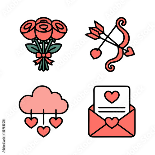 Love's Delight: A charming compilation of romantic symbols, including a bouquet of roses, Cupid's bow and arrows, a cloud showering hearts, and a love letter.