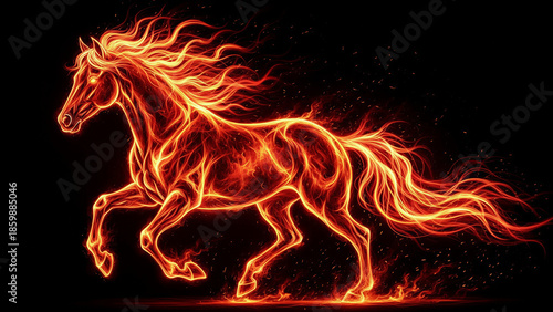Majestic fire horse running with intense glowing flames against a black backdrop for raw power concept and dynamic energy