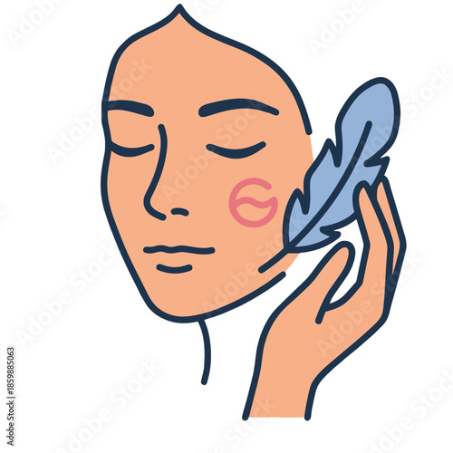Face illustration touching cheek with a soft blue feather for sensitive skin care and gentle dermatology concept