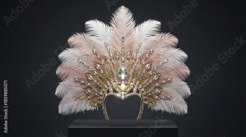 Elegant feathered carnival headdress sparkling with iridescent jewels and gold accents on a dark studio background for a festive performance concept