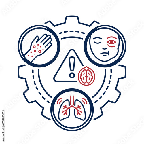 Complex medical diagram illustrating tree nut allergy symptoms affecting lungs and skin for health warning concept