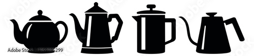 Modern silhouette coffee and tea pot set featuring a teapot, french press, and kettles for kitchen and cafe designs
