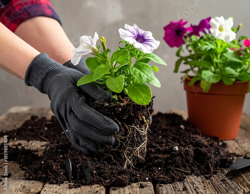 Close-up view of gloved hands holding a plant with visible roots being planted in soil next to potted flowers
