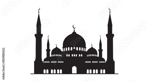Mosque Silhouette in Modern Minimalist Style with Dramatic Black and White Contrast in Vector Illustration for Islamic Cultural Representation