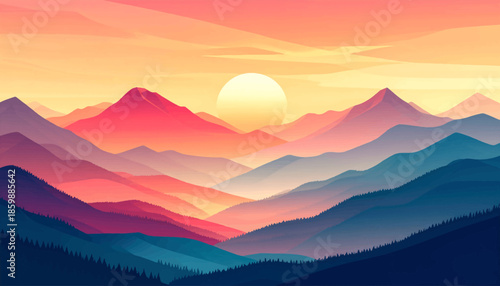 Serene Sunset Over Layered Mountain Ranges with Warm, Vibrant Hues Painting the Sky