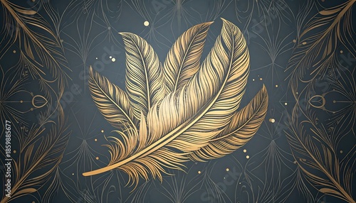 Close-up view of golden feathers against a darker background with intricate, patterned lines