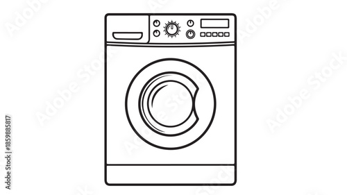 Front loading washing machine in simple line art style with black outline on white background for household appliance icon