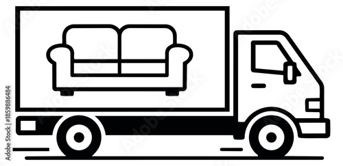 Line art illustration of a moving truck depicting furniture delivery for home relocation services