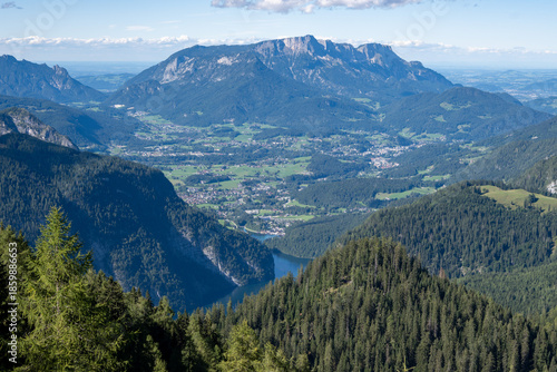 view over the tip of lake Koenigssee and Schoenau towards Berchtesgaden with Untersberg mountains, Berchtesgaden national park, Bavaria, Germany