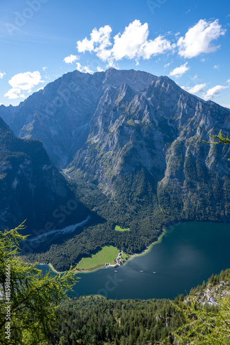 view from Feuerpalfen down to lake Koenigssee and Mount Watzmann with its east face, Berchtesgaden national park, Bavaria, Germany