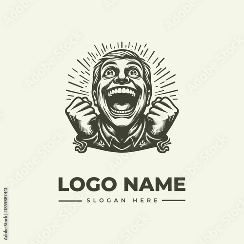 A black and white illustration of a screaming man with fists raised in a circular logo design with lines radiating from his face on a plain background.