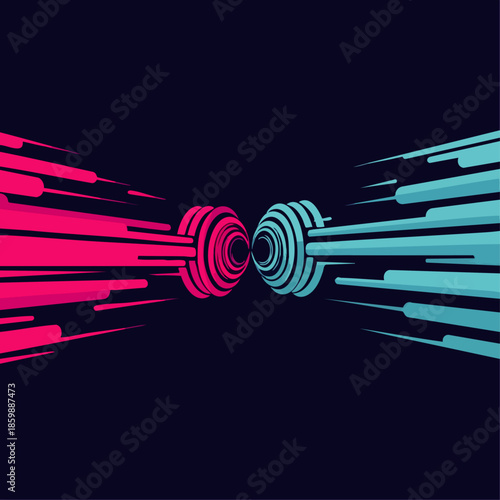 Abstract futuristic digital art featuring two opposing glowing circular shapes with streaks of light on a dark background.