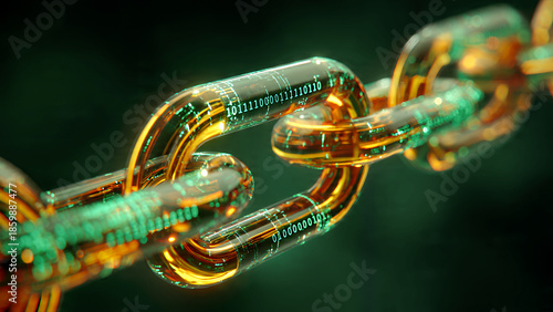 A digital blockchain concept with glowing golden chain links and embedded binary code, symbolizing secure data blocks in a decentralized ledger system.