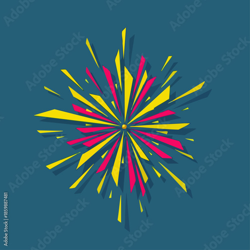 Abstract explosion of vibrant yellow and pink geometric shapes radiates from a central point against a deep teal background.