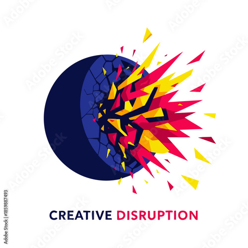 Abstract explosion of colorful geometric shapes bursting from a dark cracked sphere, symbolizing creative disruption.