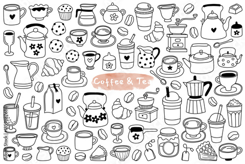 Сollection of coffee and tea icons, doodle outline illustrations. Teapots, mugs and cups of different shapes, coffee grinder, coffee beans, sweets. Simple elements for coffee shop, cafe menu design.