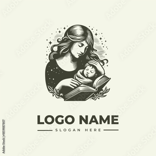 A monochromatic illustration of a woman cradling a sleeping baby with an open book on her lap against a decorative background with subtle star and leaf patterns.