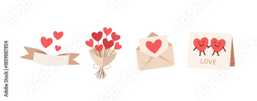 Bouquet of flowers with hearts, envelope, ribbon, hearts, calendar. For Valentine's Day, wedding concepts. Minimalistic icons on white background. Vector illustration.