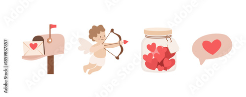 Cupid, mailbox with letter, message, jar with hearts. Set of beautiful simple icons for Valentine's Day. Vector illustration.