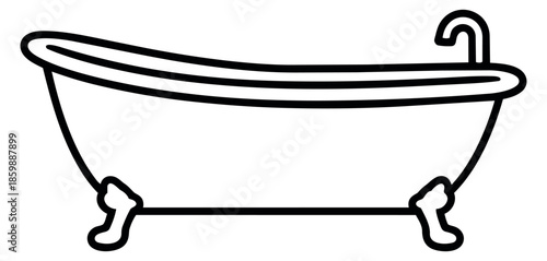 Line art illustration of a bathtub depicting a freestanding fixture for bathroom designs