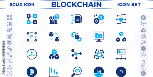 Blockchain technology solid icon set. Cryptocurrency icons element. Containing blockchain, node, distribution, decentralized finance, encryption, tokens, white paper, and wallet icon collection.
