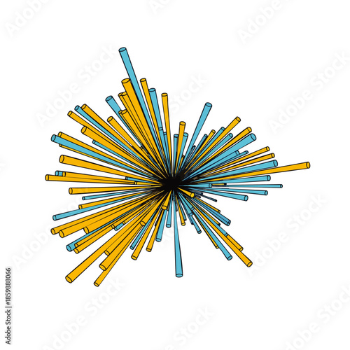 An intricate abstract 3D graphic depicts a burst of yellow and blue cylindrical shapes extending from a central point, symbolizing interconnectedness and digital information flow.