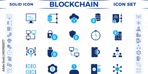 Blockchain technology solid icon set. Cryptocurrency icons element. Containing blockchain, node, distribution, decentralized finance, encryption, tokens, white paper, and wallet icon collection.
